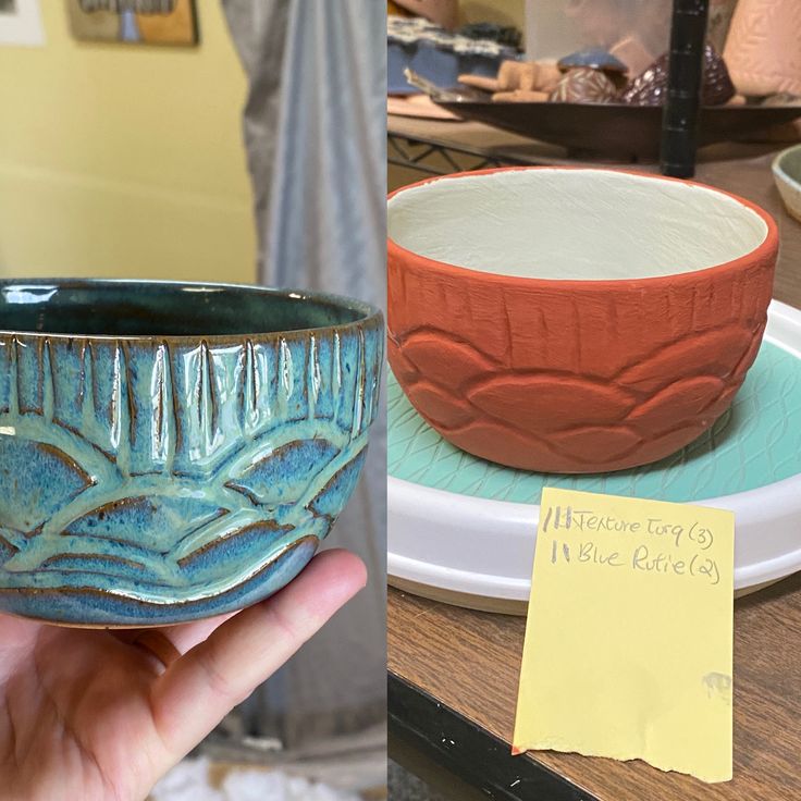 a hand holding up a blue and red bowl next to a note with writing on it