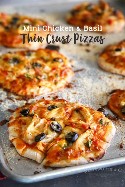 mini chicken and basil thin crust pizzas on a baking sheet with text overlay