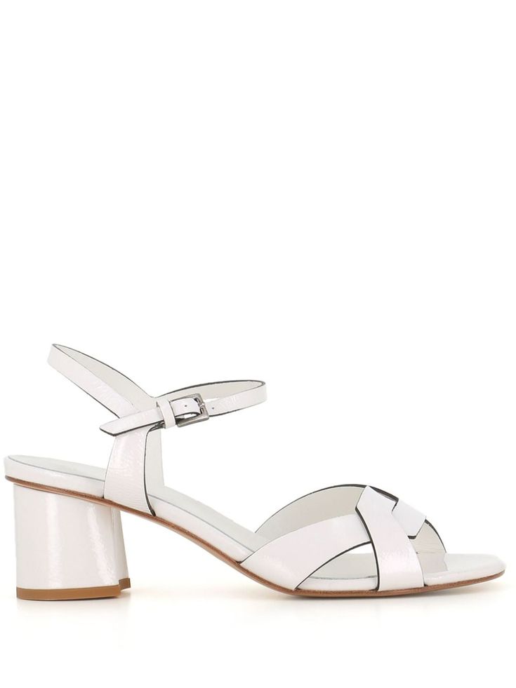 white calf leather patent finish almond open toe buckle-fastening ankle strap branded leather insole mid block heel leather sole White Patent Leather Sandals With Sculpted Heel, Modern Patent Leather Sandals With Padded Heel, Patent Leather Sandals With Padded Block Heel, White Calf Leather Heels With Heel Strap, White Open Heel Sandals In Calf Leather, Elegant White Block Heels With Buckle Closure, Summer Patent Leather Sandals Medium Width, Spring Low Heel Patent Leather Sandals, White Sandals With Buckle Closure For Formal Occasions