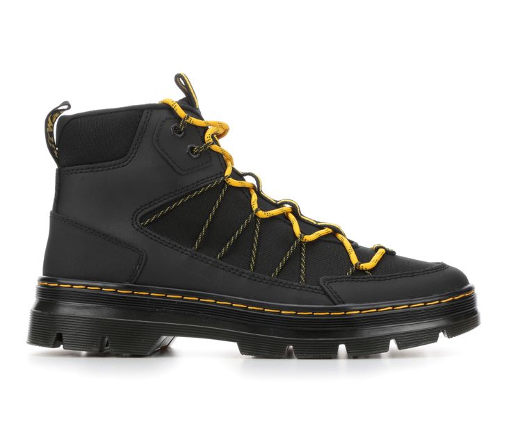 Knit and synthetic upper with padded collar and fabric lining, Ankle shaft height with lace-up closure, Lightly cushioned insole with fabric lining, Durable Air Wair Bouncing Soles with iconic yellow stitching, Dr. Martens® branding details | Men's Dr. Martens Buwick Boot in Black Size 11 Sporty Synthetic Boots With Laces, Casual Synthetic Lace-up Boots For Streetwear, Sporty Synthetic Boots With Cushioned Footbed, Waterproof Lace-up Boots For Streetwear, Rubber Sole Lace-up Boots For Walking, Casual Ankle Boot Sneakers In Synthetic Material, Casual Ankle Boot Sneakers In Synthetic, Casual Synthetic Ankle Boot Sneakers, Casual Nylon Hiking Boots With Round Toe