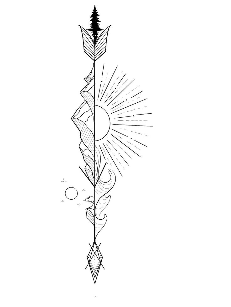 a black and white drawing of an arrow with the sun in the sky behind it