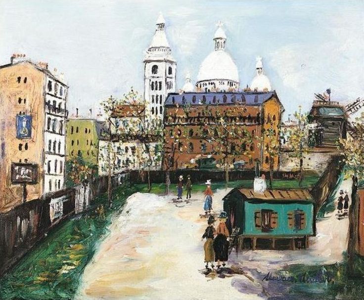 an oil painting of people walking down a street in front of some buildings and trees