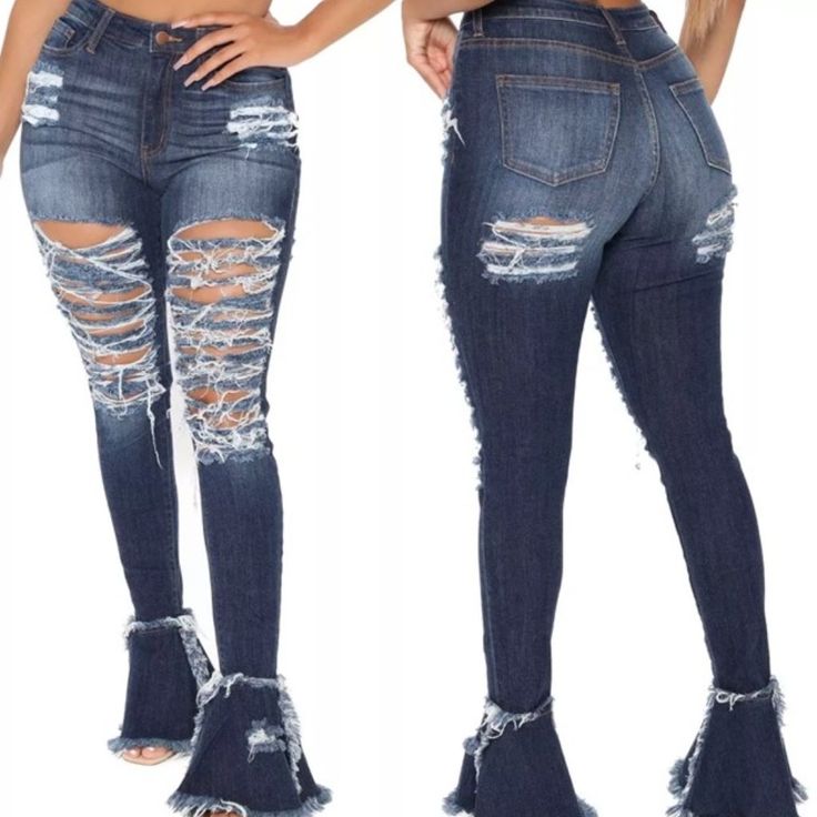 Bell Bottom Flare Dark Wash High Rise Bottoms For Night Out, Dark Wash Mid-rise Bottoms For Night Out, Fitted Dark Wash Bottoms For Night Out, Denim Blue Straight Leg Bottoms For Night Out, Fitted Distressed Pants For Fall, Trendy Distressed Bottoms For Fall, Non-stretch Ripped Blue Pants, Fitted Bottoms With Frayed Hem For Fall, Blue Ripped Non-stretch Pants