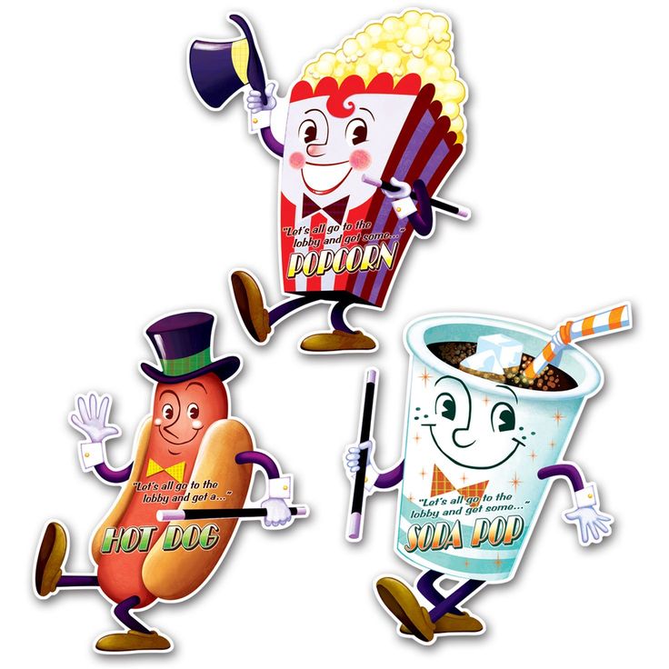 three cartoon hot dogs with hats and canes, one is holding a popcorn bucket