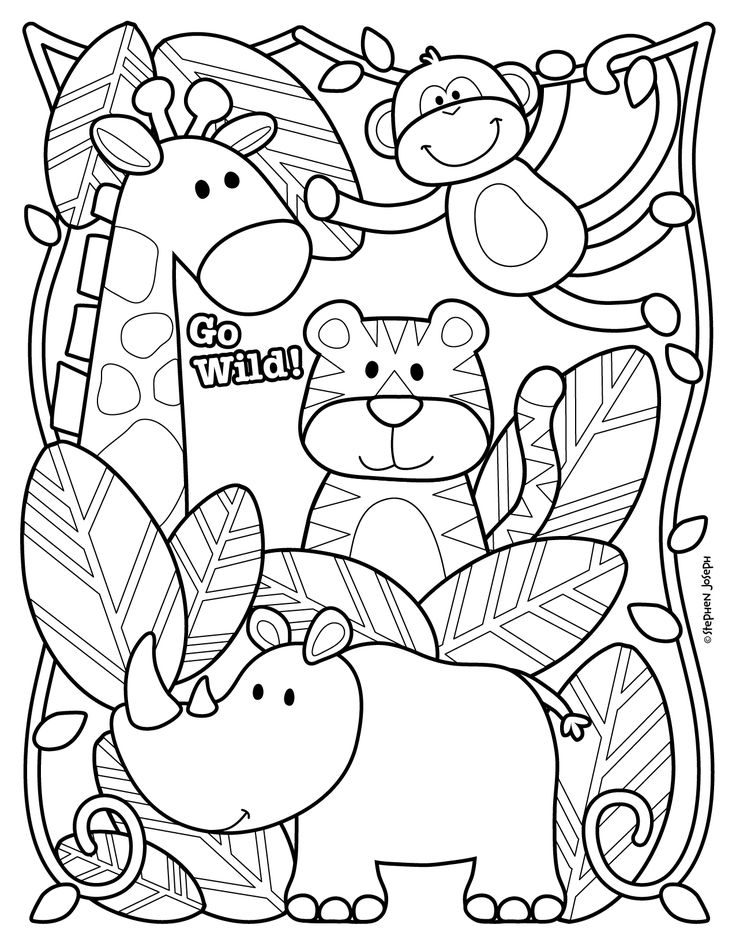 an animal coloring page for kids with animals and leaves in the background, including two giraffes