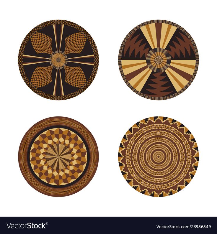 four decorative plates with different patterns and colors on the white background, set of four