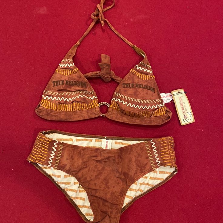 New With Tag True Religion Brown Bikini Top Size M Bottom Size L Looks Like Suede Embroidered Design Womens Bathing Suits Bikinis, Unique Bikinis, Womens Bathing Suits, Embroidered Design, Aesthetic Photo, Outfits Fashion, Womens Swim, String Bikinis, Spring Outfits