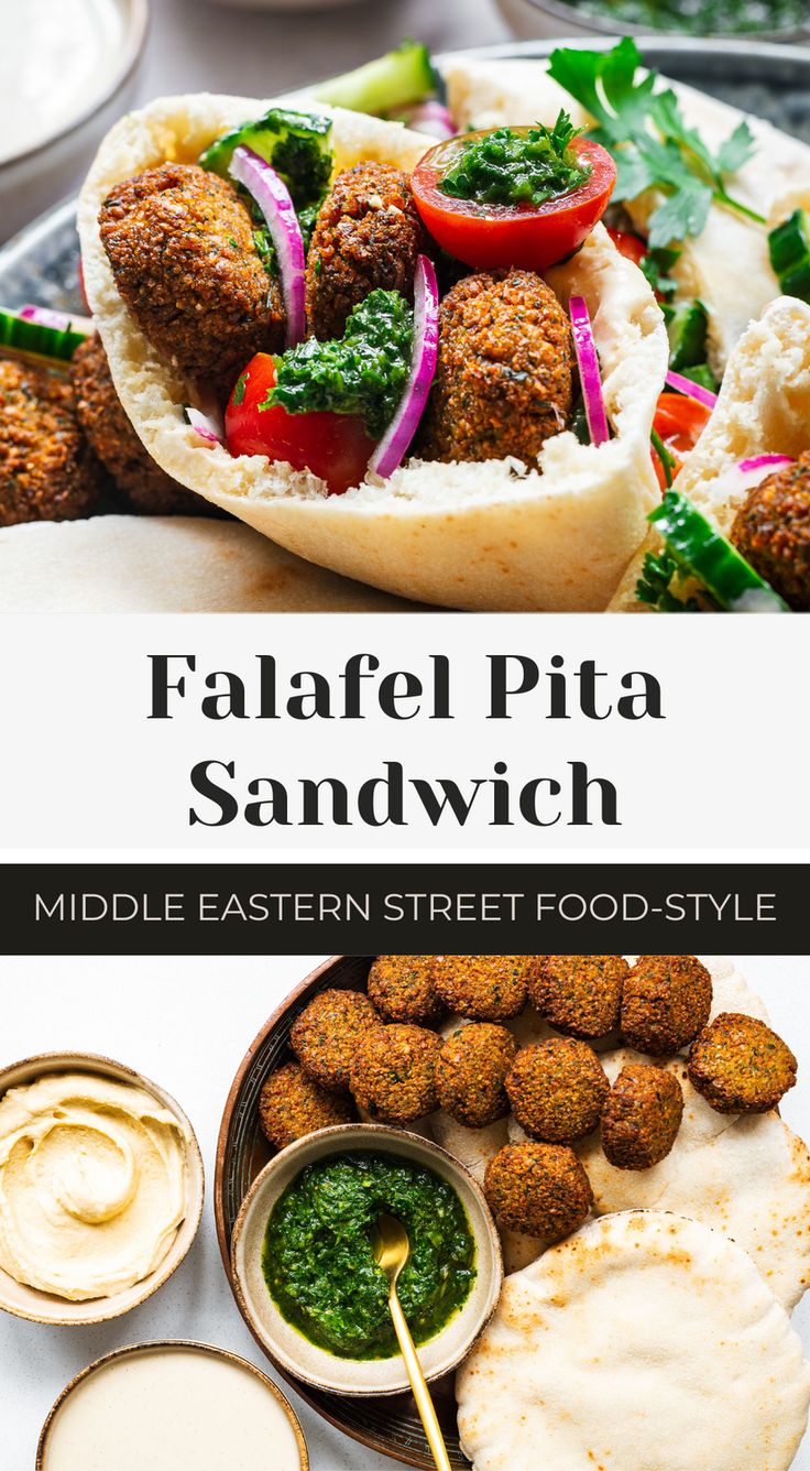 falafel pita sandwich on a plate with sauces and dips