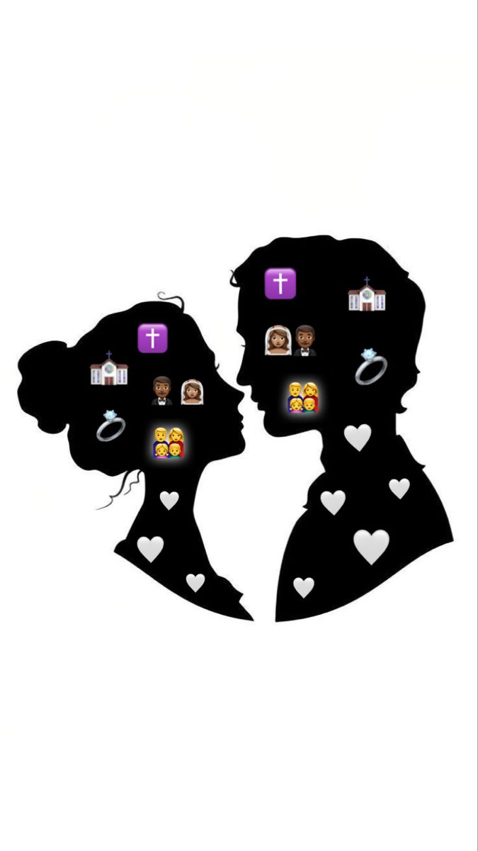 the silhouettes of two people kissing each other with icons on their faces behind them