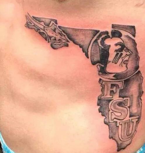 a chest tattoo with the state of florida on it