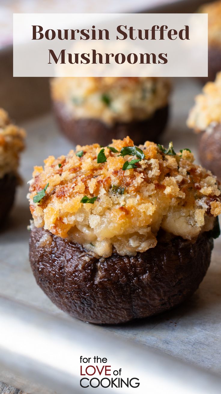 some stuffed mushrooms are sitting on a tray with the words, bourbon stuffed mushrooms for the love of cooking