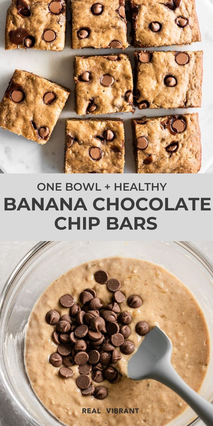 banana chocolate chip bars on a white plate and in a bowl with a spoon next to it