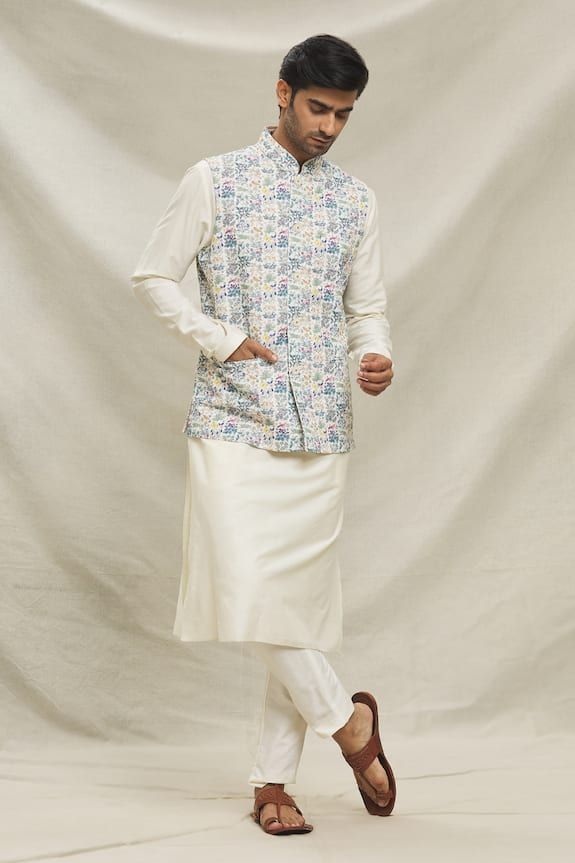 Multi color bundi with floral pattern. Paired with an inner cream kurta and pyjama. - Aza Fashions Kurta Set For Men, Pajama Pattern, Nehru Jackets, Vintage Floral Pattern, Kurta Set, Floral Vintage, Vintage Pattern, Aza Fashion, Full Sleeve