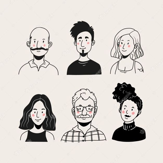 four people are shown in black and white, with one man's face drawn on the