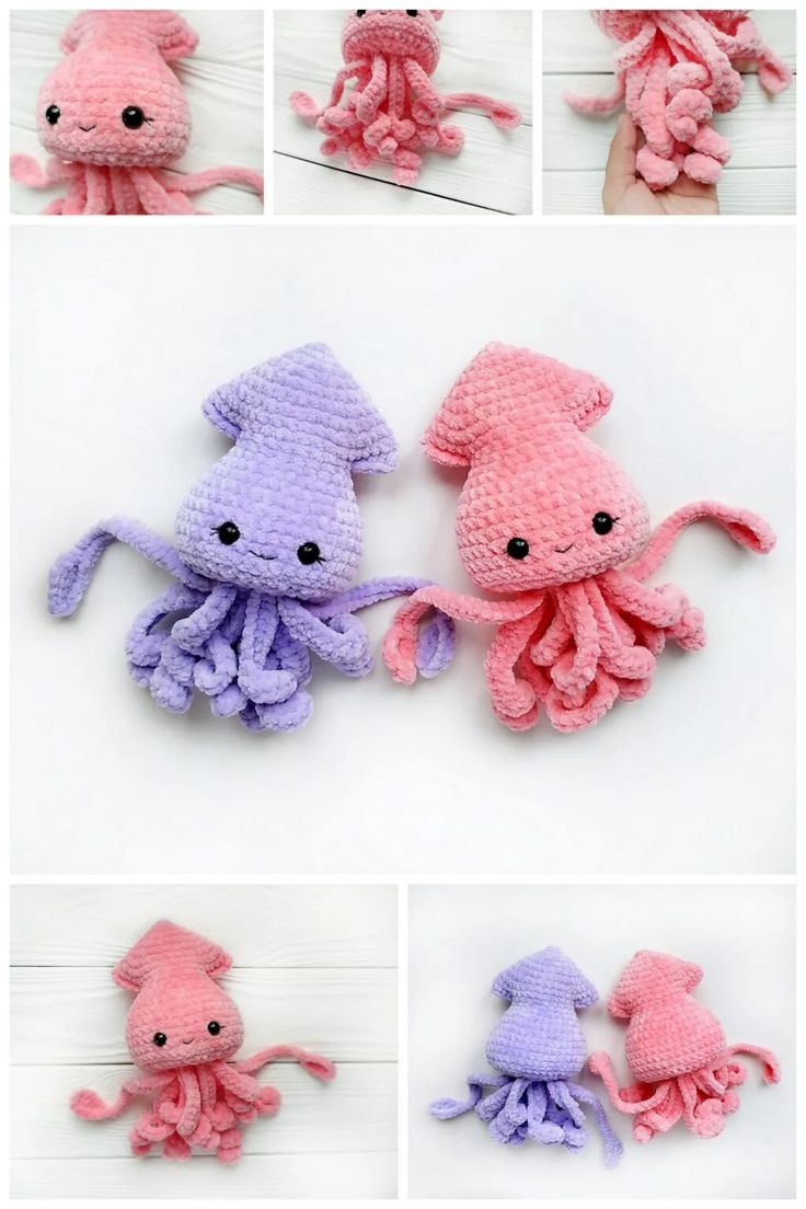 crocheted octopus stuffed animals are shown in four different colors and sizes, including pink, purple, and blue