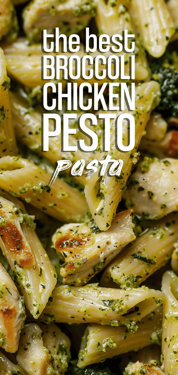 the best broccoli chicken pesto pasta recipe is in this postcard style