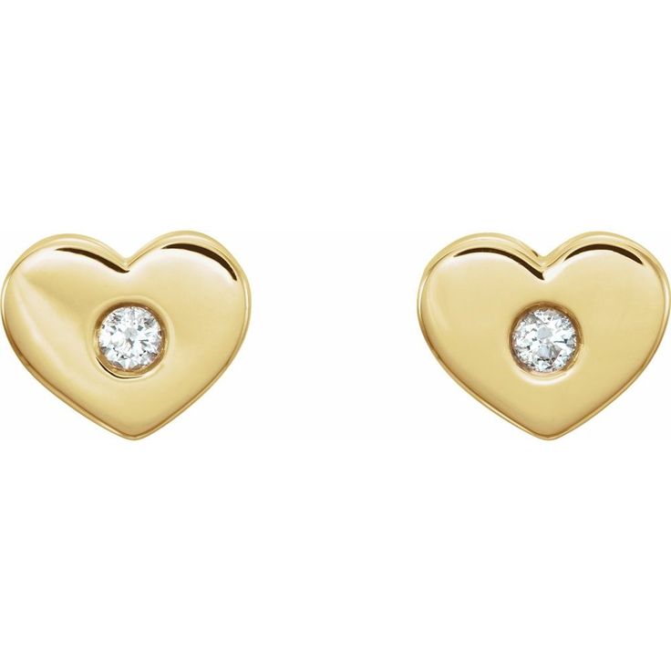 Romantic charm, a simple heart shape adorned with a natural white diamond fashioned from polished 14k yellow gold. These dainty classic earrings measure approximately 8mm (5/16 inch) in width by 6mm (1/4 inch) in length and are finished with a friction-back post. The natural diamonds are I1 in clarity, G-H in color and the total diamond weight for the pair is .06 of a carat. Luxury White Gold Heart Earrings Fine Jewelry, Luxury Classic White Gold Heart Earrings, Luxury Heart-shaped Earrings With Heart Charm, Luxury Fine Jewelry Yellow Gold Heart Earrings, Luxury Yellow Gold Heart Earrings, Luxury Yellow Gold Heart-shaped Diamond Earrings, Luxury Heart-shaped Jewelry With Polished Finish, Luxury Yellow Gold Heart Diamond Earrings, Luxury Heart-shaped Yellow Gold Diamond Earrings