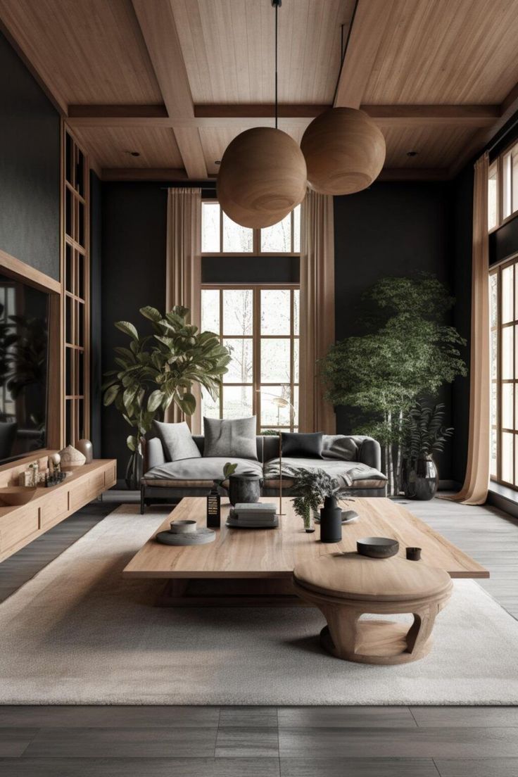 a living room filled with lots of furniture and large windows next to a plant in a vase