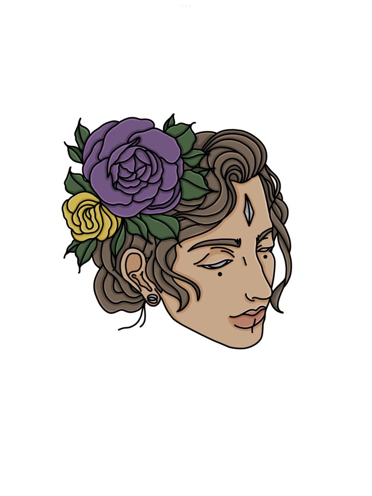 a drawing of a woman with flowers in her hair and eyes closed, looking to the side