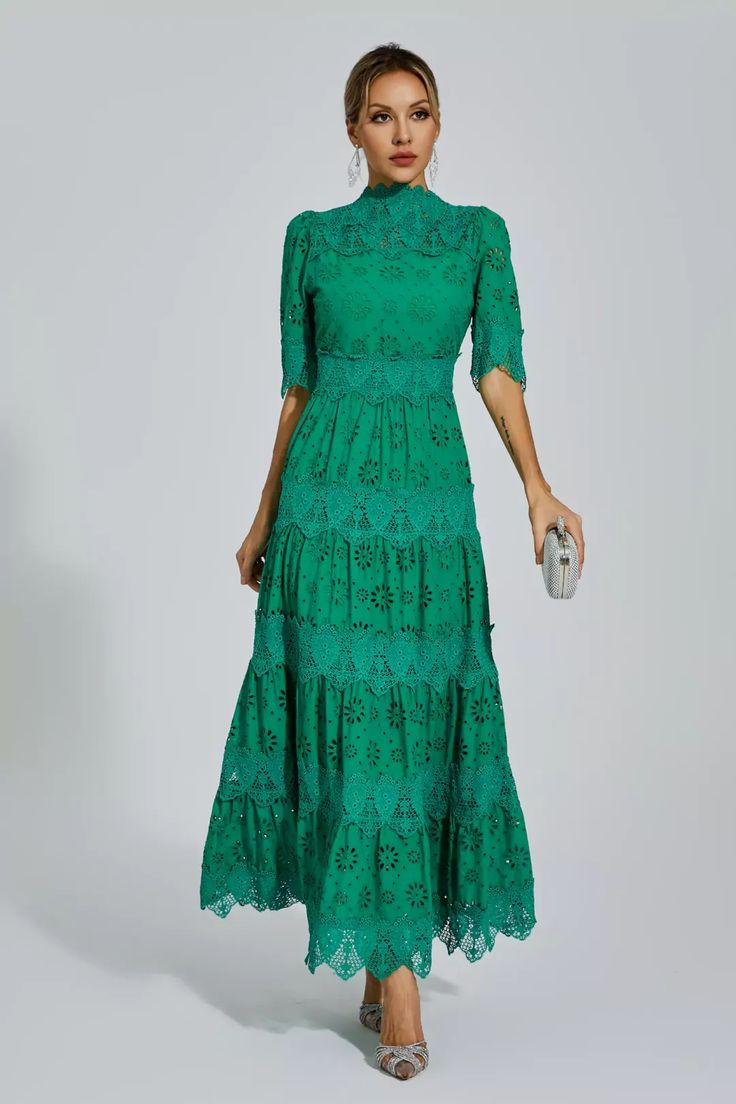 Kenna Green Hollow Half Sleeve Midi Dress Dresses Event, Glitter Wedding Dress, Bandage Midi Dress, Floral Shirt Dress, Puff Sleeve Dresses, Hollow Design, Dress Store, Green Midi Dress, Maxi Knit Dress