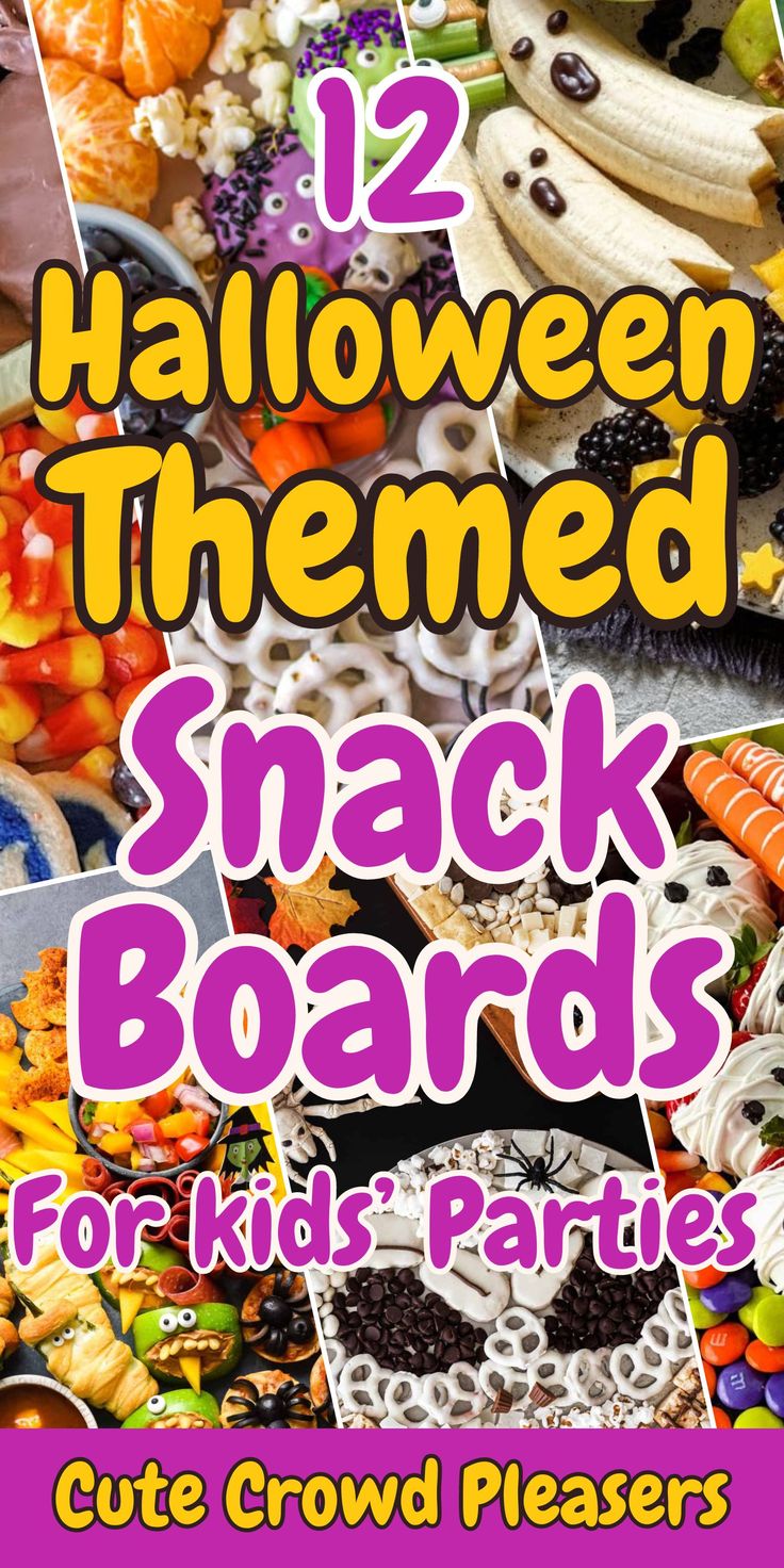 halloween themed snacks on snack boards for kids party with text overlay: 12 Halloween Themed Snack Boards For Kids Party. Cute Crowd Pleasers Halloween Themed Snacks For Toddlers, Kid Halloween Party Snacks, Halloween Movie Snacks For Kids, Halloween Snacks For Party Healthy, Halloween Movie Night Food For Kids, Healthy Halloween Party Food For Kids, Halloween Kabobs For Kids, Kids Halloween Snack Board, Halloween Movie Snack Ideas