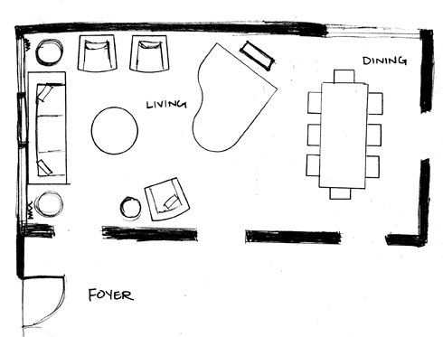 a floor plan for a living room with furniture and accessories on the top level, including a dining table