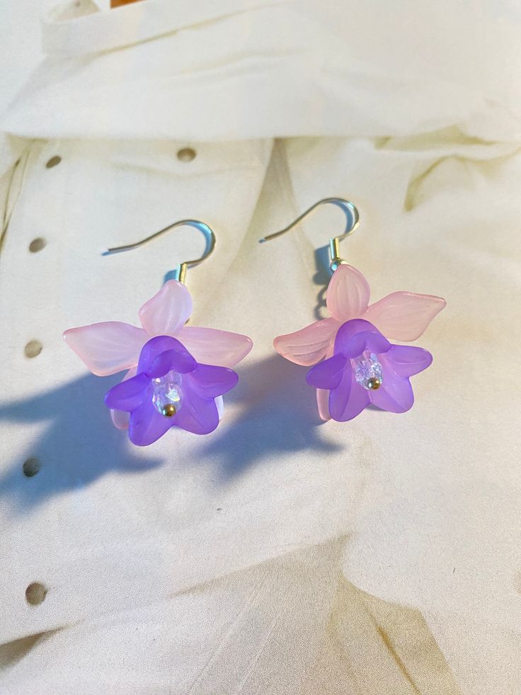 Frosted Colorful Flower Earrings with Glass beads. Beautiful and unique earrings. Fairylike earrings. Great gift. Handmade Whimsical Flower Earrings For Party, Whimsical Handmade Flower Earrings For Party, Purple Flower Earrings For Spring Party, Spring Party Purple Flower Earrings, Whimsical Flower Earrings, Party Flower-shaped Earrings With Ear Wire, Spring Purple Flower Earrings For Pierced Ears, Pink Whimsical Flower Earrings For Pierced Ears, Whimsical Pink Flower Earrings For Pierced Ears