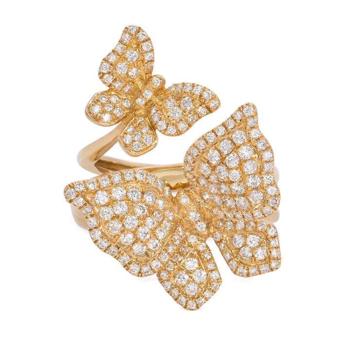 18k yellow gold diamond butterfly ring. Can be worn as a single or double ring. Ring features round brilliant cut diamonds weighing .57 carats total of F color, VS2 clarity. Diamond Butterfly Ring, Diamond Butterfly, Right Hand Rings, Yellow Butterfly, Butterfly Ring, Double Ring, Ring Ring, Round Brilliant Cut Diamond, Brilliant Cut Diamond