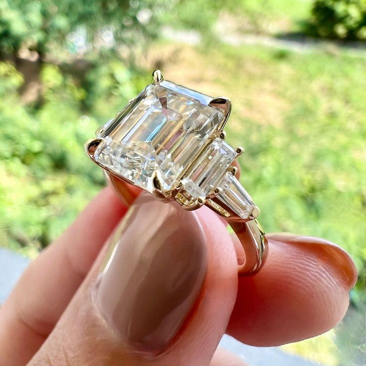 5.75 CT Emerald Cut 3 Stone Moissanite Engagement Ring – crownmoissanite Ring Cuts, Engagement Rings Sale, Emerald Cut Moissanite, Moissanite Necklace, Types Of Diamonds, Emerald Cut Diamond, Dream Engagement, Moissanite Earrings, Asscher Cut