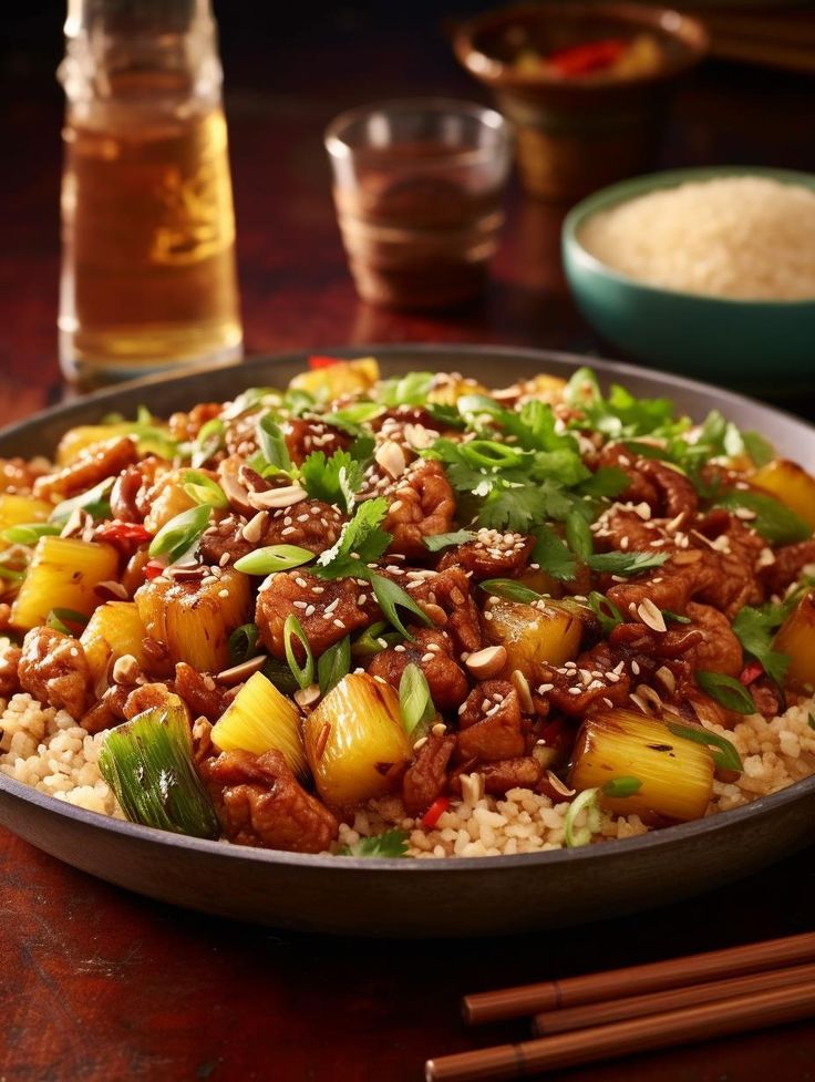 a plate filled with rice and meat on top of a table next to chopsticks