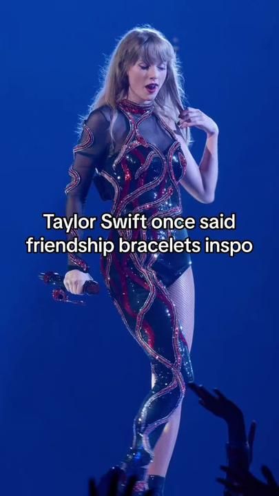 taylor swift on stage with words above her saying, taylor swift once said friendship bracelets inspo