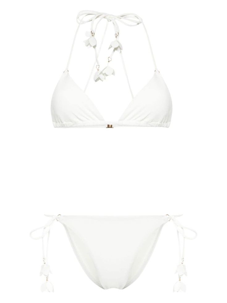 optical white stretch-design floral appliqué Top: padded design triangle cup spaghetti straps rear hook and eye fastening Bottoms: low-rise full lining gold-tone hardware side tie fastening Be mindful to try on swimwear over your own garments. Design Triangle, Applique Top, White Bikinis, City Dress, Chanel 2, Demi Fine Jewelry, Iconic Bags, Summer Beach Wear, Floral Applique