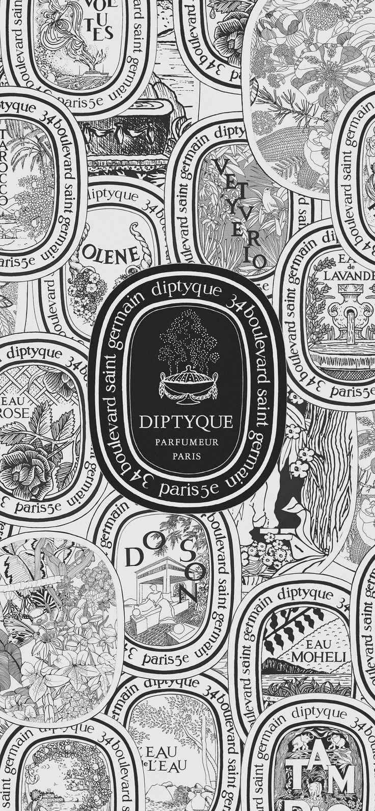 black and white image of many different types of labels on a sheet of paper that says diptyquee parfait