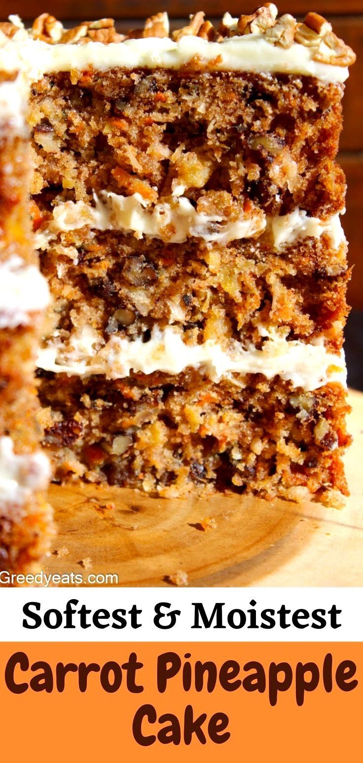 carrot pineapple cake with white frosting on top and the words softest & moistest carrot pineapple cake