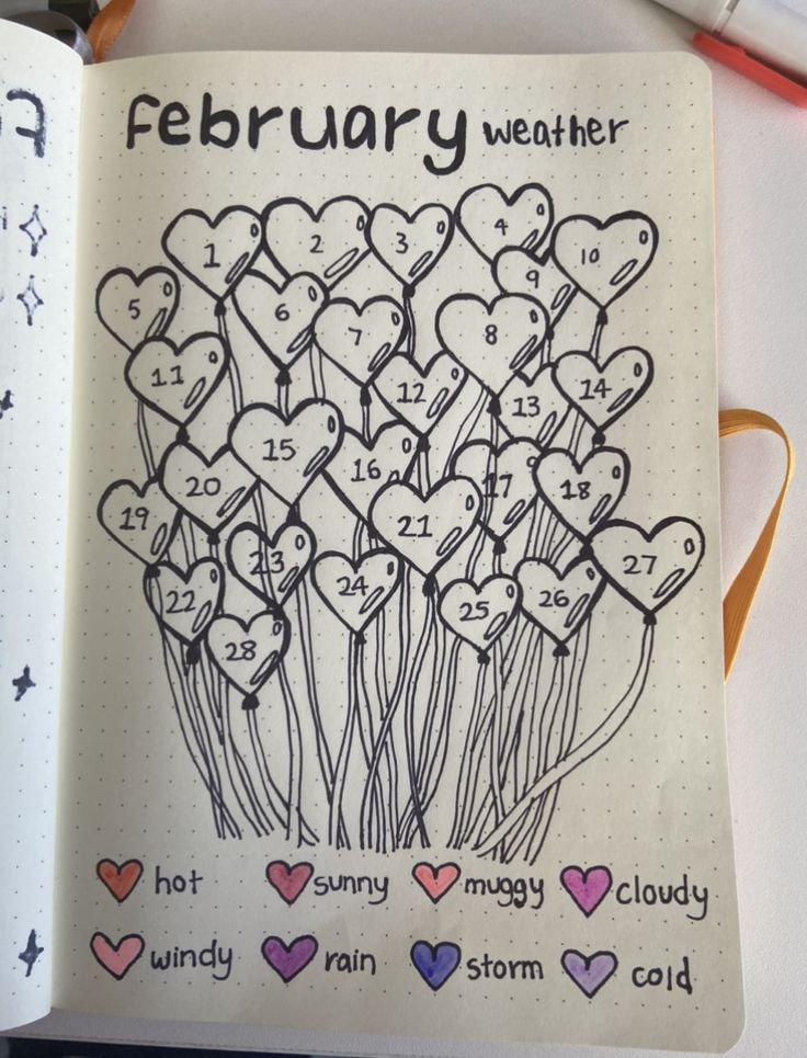 a notebook with hearts drawn on it and the words february written in black ink next to each other