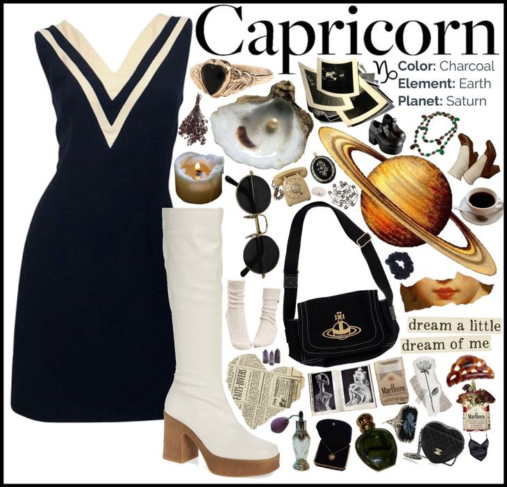 a woman's dress and accessories are featured in the magazine capricorn, which features an image of saturn