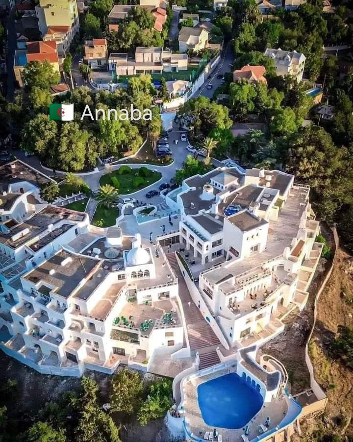 an aerial view of a large white building with blue pool in the foreground and trees surrounding it