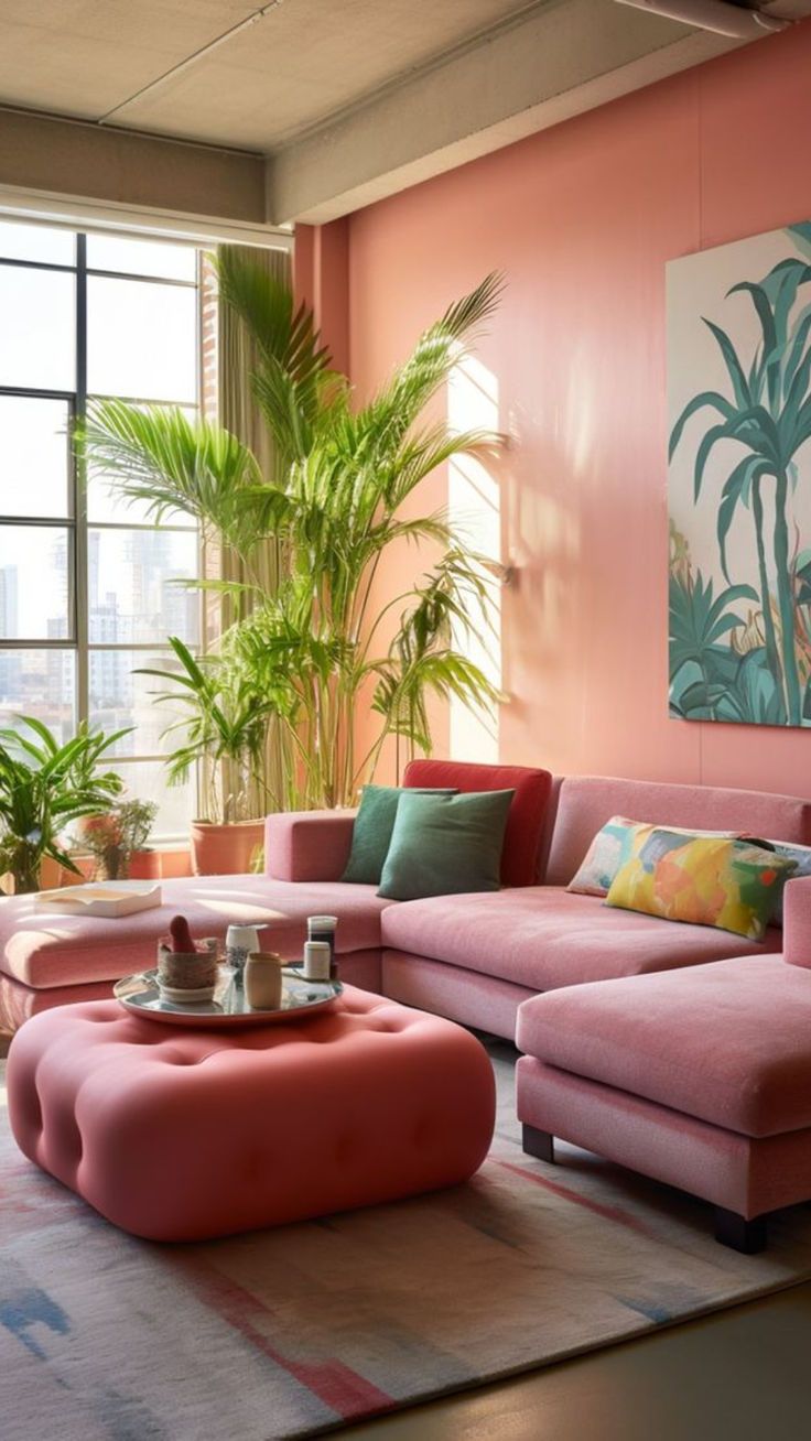 a living room with pink couches and potted plants