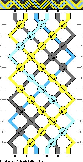 the pattern is shown with different colors and shapes, including an arrow on one side