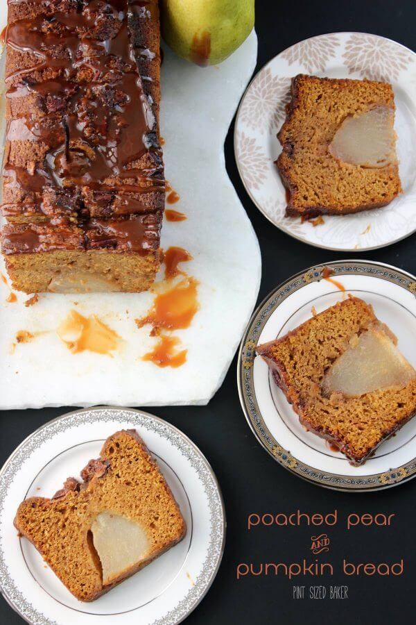 slices of pumpkin bread on plates next to an apple and another piece of cake with caramel glaze