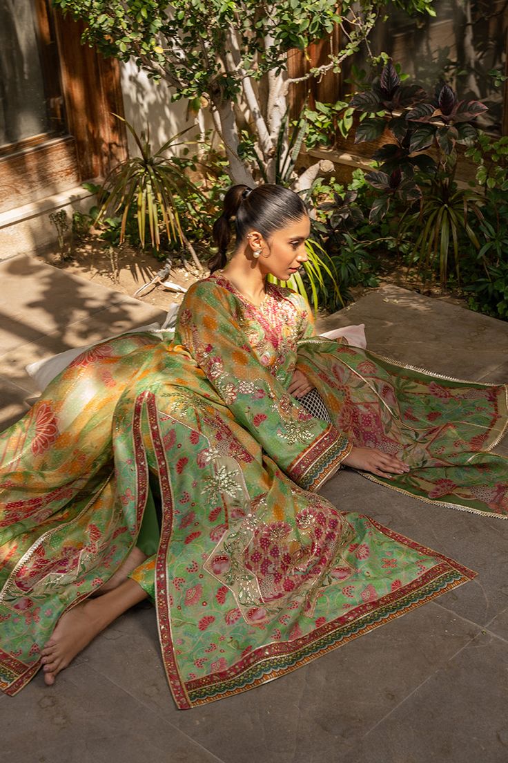 Aliza (B) Green Sharara With Naqshi For Festivals, Festive Silk Kurta With Printed Motifs, Green Naqshi Dupatta For Festivals, Bollywood Style Silk Sets With Digital Print, Floral Print Chanderi Palazzo Set For Festivals, Multicolor Naqshi Anarkali Traditional Wear, Silk Sets With Printed Motifs For Navratri, Silk Sets With Printed Motifs In Traditional Drape, Silk Sharara With Printed Motifs For Festivals