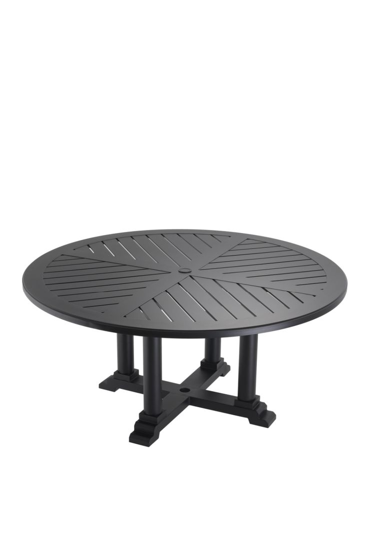 a round table with four legs and a black plastic cover on the top, sitting in front of a white background