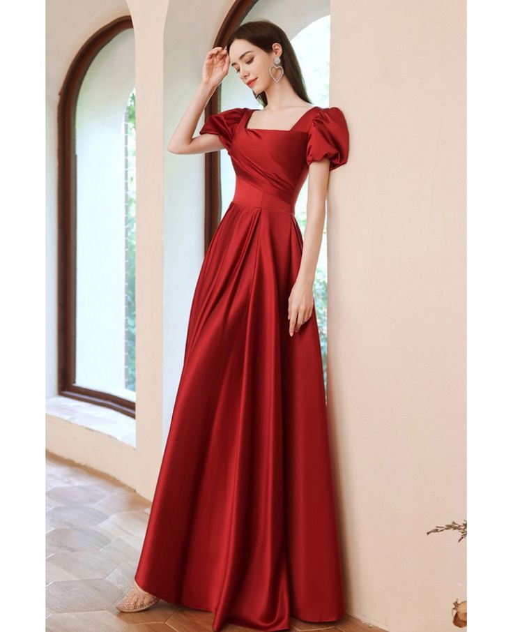 Red Satin Square Neckline Evening Prom Dress with Bubble Sleeves Wholesale #T74077 - GemGrace.com Prom Dress Red, A Line Prom Dress, Evening Dresses With Sleeves, Red Evening Dress, A Line Prom Dresses, Long A, Red Prom Dress, Red Satin, Dress Red