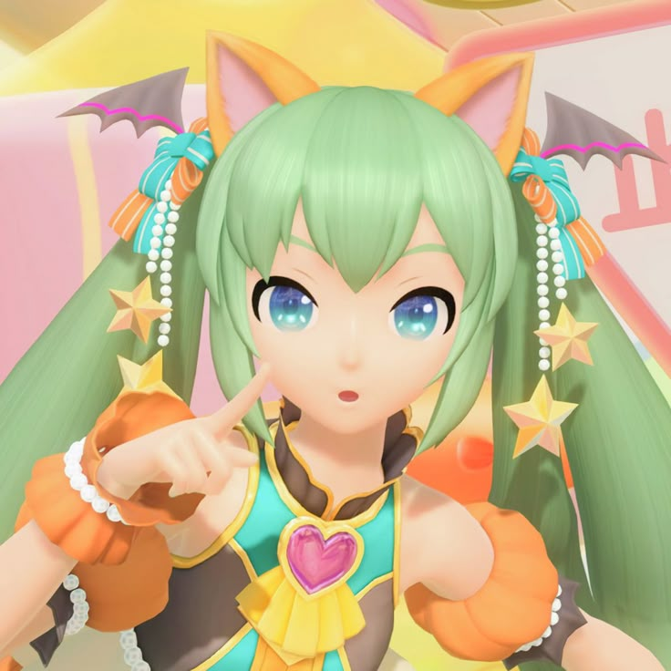 an anime character with green hair and blue eyes pointing to her left side while holding a teddy bear