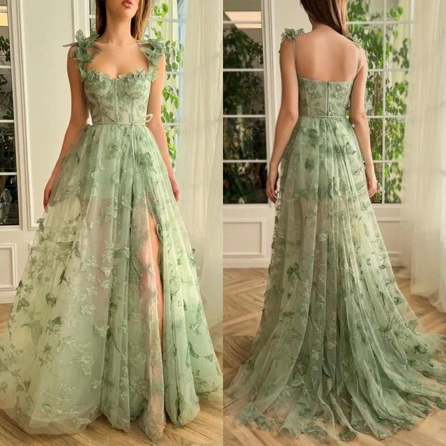 Sage Green Butterfly, Prom Gown Elegant, Sage Green Prom Dress, Prom Evening Dresses, Bff Girls, Butterfly Lace, Delicate Butterfly, Elegant Party Dresses, Cute Prom Dresses