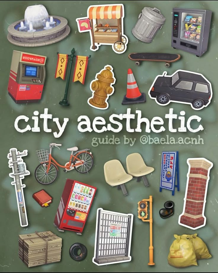 the cover of city aesthetic guide by beaella acn, with stickers on it