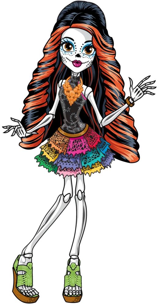 a drawing of a girl with long hair and skeleton makeup, wearing a colorful dress