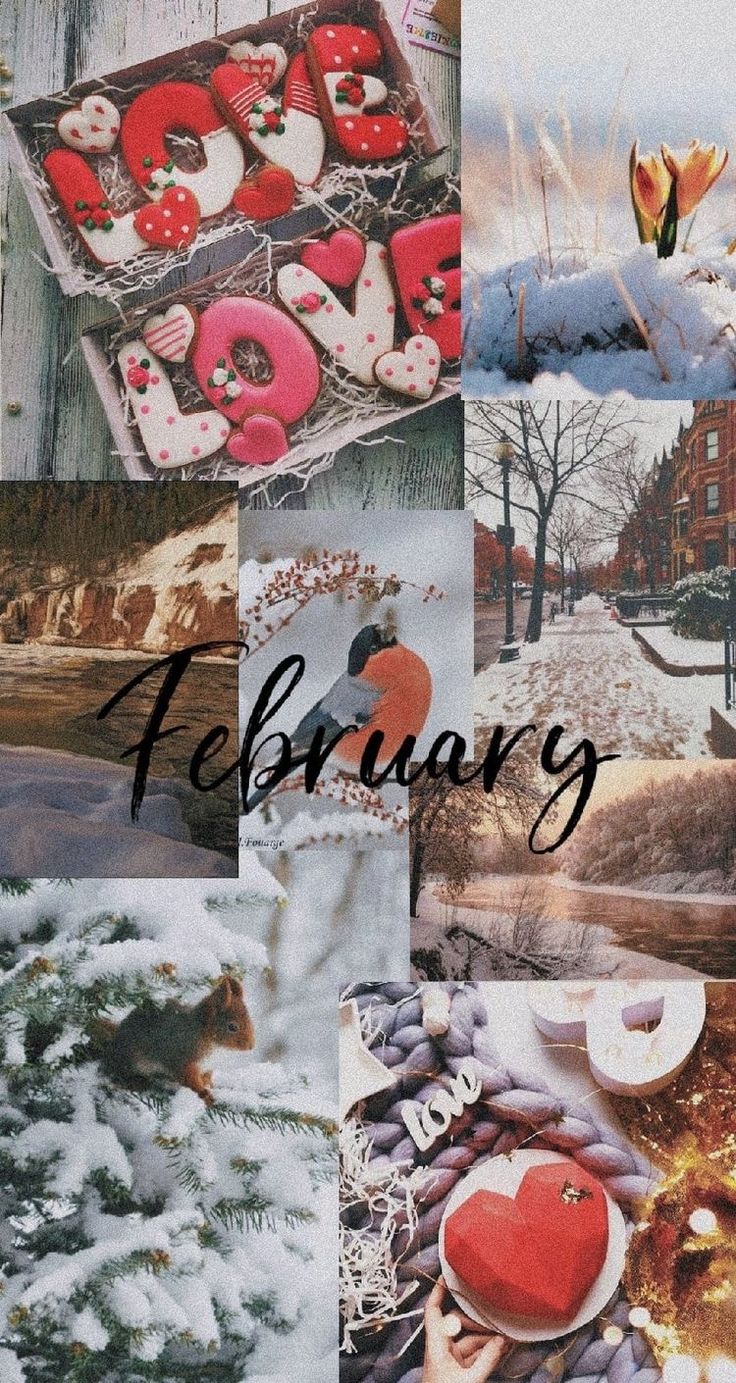 a collage of photos with the words january written in different languages and pictures of hearts, flowers, trees, and other things