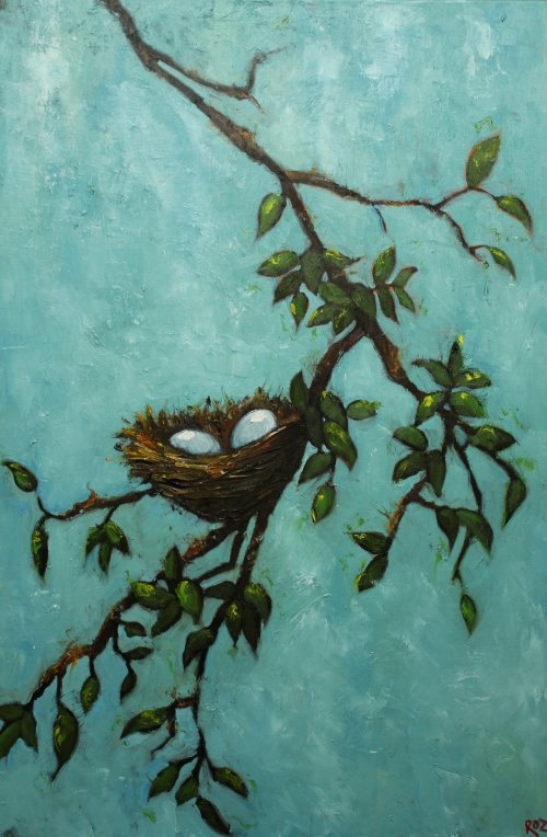 a painting of a bird's nest on a tree branch with green leaves and blue sky in the background