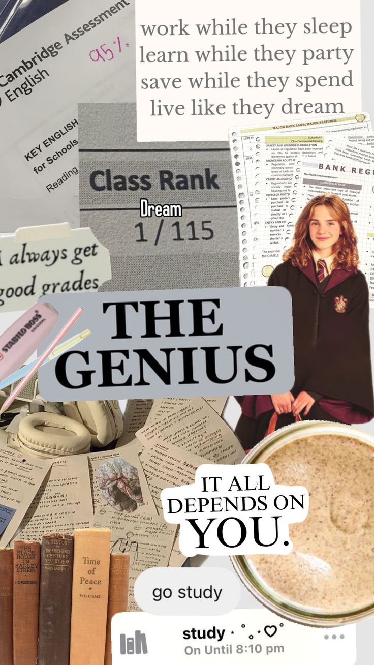 a collage of books and papers with the words genius on them